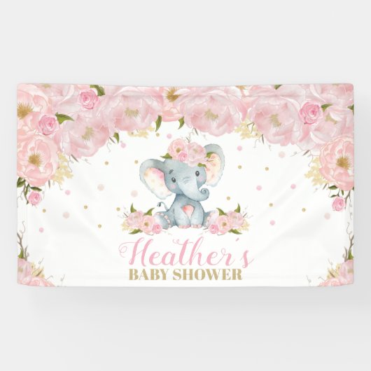 Blush Bloemen Olifant Baby shower Achtergrond Deco Spandoek (Horizontaal)