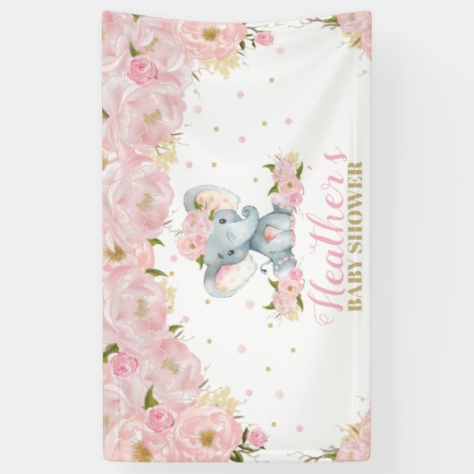 Blush Bloemen Olifant Baby shower Achtergrond Deco Spandoek (Verticaal)