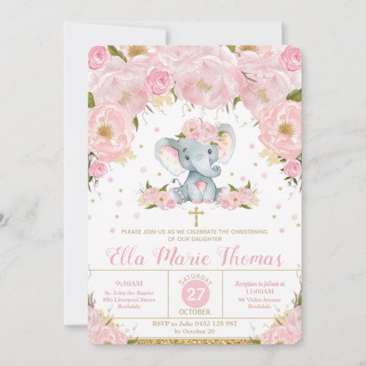 Blush Bloemen Olifant Doop Uitnodigingen Meisje (Voorkant)