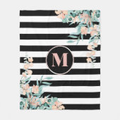 Blush Bloemen op zwart-witte streep Monogrammed Fleece Deken (Voorkant)