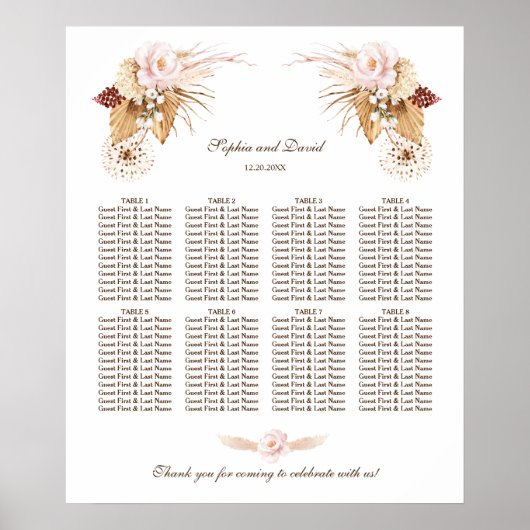 Blush Bloemen Pampas Grass Bruiloft Zitkaarten Poster (Voorkant)
