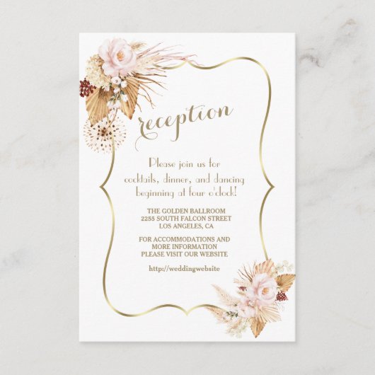Blush Bloemen Pampas Grass Goud Bruiloft Details Informatiekaartje (Voorkant)