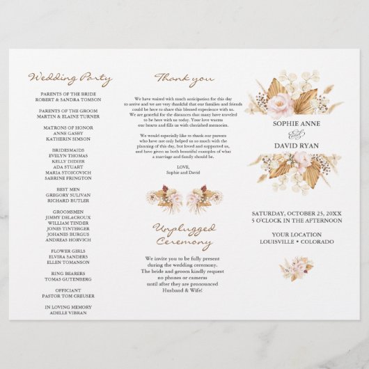 Blush Bloemen Pampas Grass Tri+Fold Trouwprogramma Flyer (Voorkant)