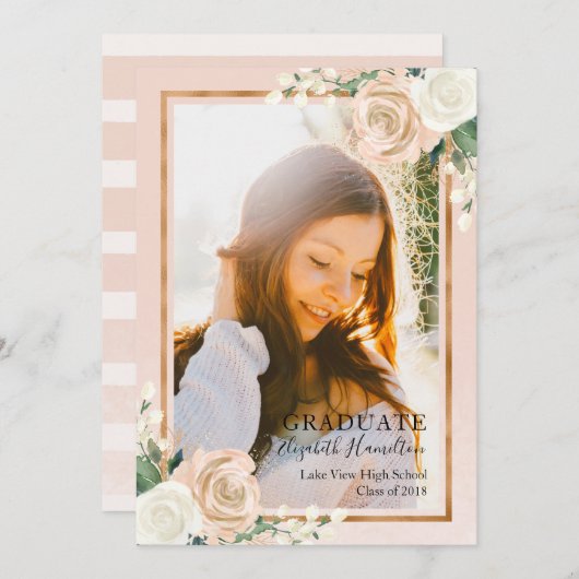 Blush Bloemen & Roos Goud Afstuderen Aankondiging (Voorkant / Achterkant)