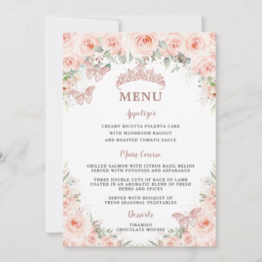 Blush Bloemen Roos Goud Quinceanera 15 16 Menu Kaa Kaart (Voorkant)