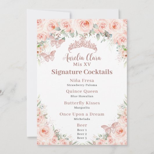 Blush Bloemen Roos Goud Quinceanera 15 16 Menu Kaa Kaart (Achterkant)