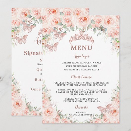 Blush Bloemen Roos Goud Quinceanera 15 16 Menu Kaa Kaart (Voorkant / Achterkant)