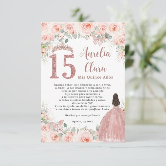 Blush Bloemen Roos Goud Quinceañera 15 Gebed Kaart (Staand voorkant)