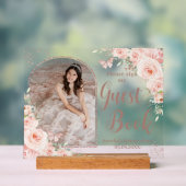 Blush Bloemen Roos Goud Quinceanera 16 Gastboek Acryl Bord (Neutraal)