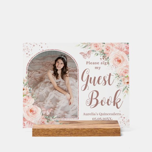 Blush Bloemen Roos Goud Quinceanera 16 Gastboek Acryl Bord (Voorkant)