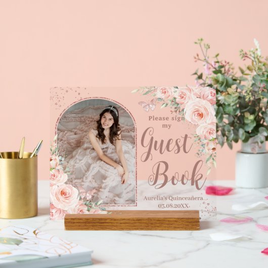 Blush Bloemen Roos Goud Quinceanera 16 Gastboek Acryl Bord (Huwelijk)
