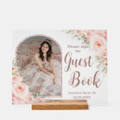 Blush Bloemen Roos Goud Quinceanera 16 Gastboek Acryl Bord (Voorkant)