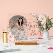 Blush Bloemen Roos Goud Quinceanera 16 Gastboek Acryl Bord (Huwelijk)