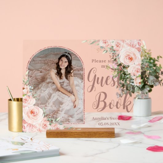 Blush Bloemen Roos Goud Quinceanera 16 Gastboek Acryl Bord (Huwelijk)