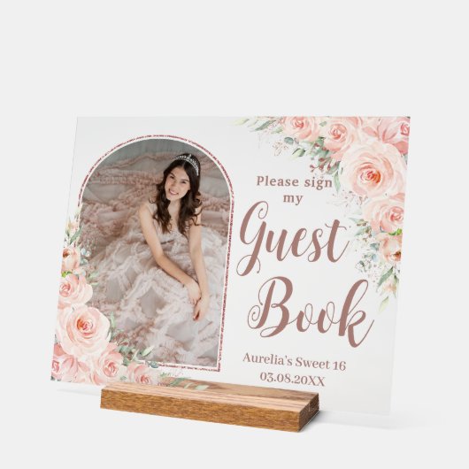 Blush Bloemen Roos Goud Quinceanera 16 Gastboek Acryl Bord (Hoek)