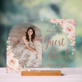 Blush Bloemen Roos Goud Quinceanera 16 Gastboek Acryl Bord (Neutraal)