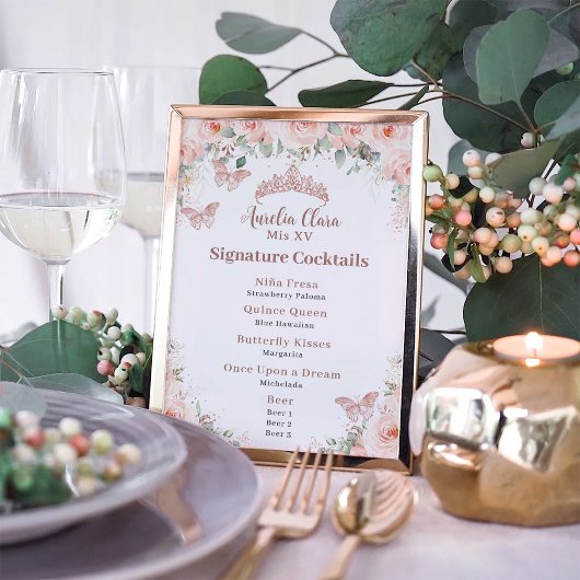 Blush Bloemen Roos Goud Quinceanera Bar Drink Menu Poster