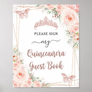 Blush Bloemen Roos Goud Quinceanera Gastboek Teken Poster