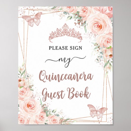 Blush Bloemen Roos Goud Quinceanera Gastboek Teken Poster (Voorkant)