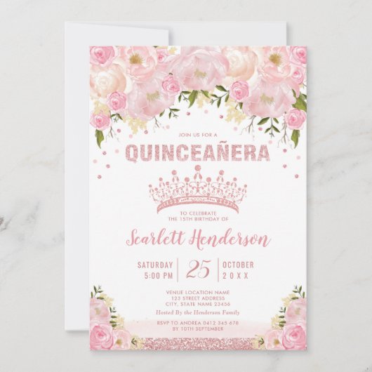 Blush Bloemen Roos Goud Roze Glitter Quinceanera Kaart (Voorkant)