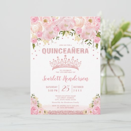 Blush Bloemen Roos Goud Roze Glitter Quinceanera Kaart (Staand voorkant)