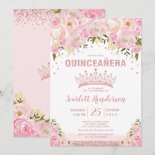 Blush Bloemen Roos Goud Roze Glitter Quinceanera Kaart (Voorkant / Achterkant)