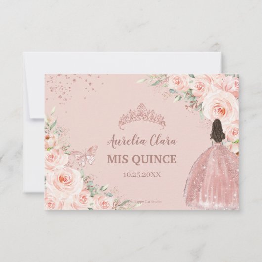 Blush Bloemen Roos Gouden Jurk 16 Quinceañera Reag RSVP Kaartje (Achterkant)