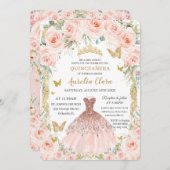 Blush Bloemen  Roos gouden jurk Quinceañera Kaart (Voorkant / Achterkant)