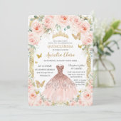 Blush Bloemen  Roos gouden jurk Quinceañera Kaart (Staand voorkant)