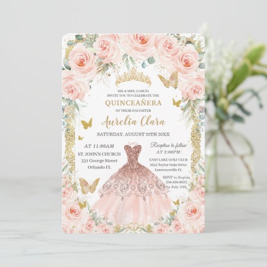 Blush Bloemen  Roos gouden jurk Quinceañera Kaart (Staand voorkant)