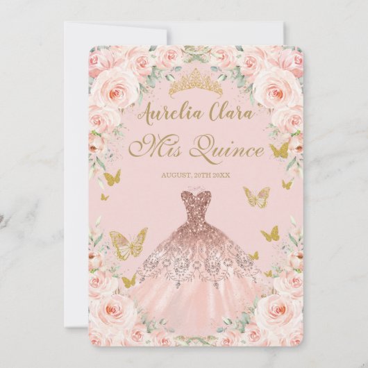 Blush Bloemen  Roos gouden jurk Quinceañera Kaart (Achterkant)