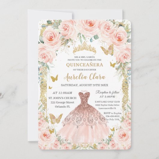 Blush Bloemen  Roos gouden jurk Quinceañera Kaart (Voorkant)