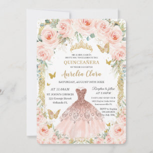 Blush Bloemen  Roos gouden jurk Quinceañera Kaart