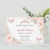 Blush Bloemen Roos Goudzoet 16 Quince Vlinders Save The Date (Staand voorkant)