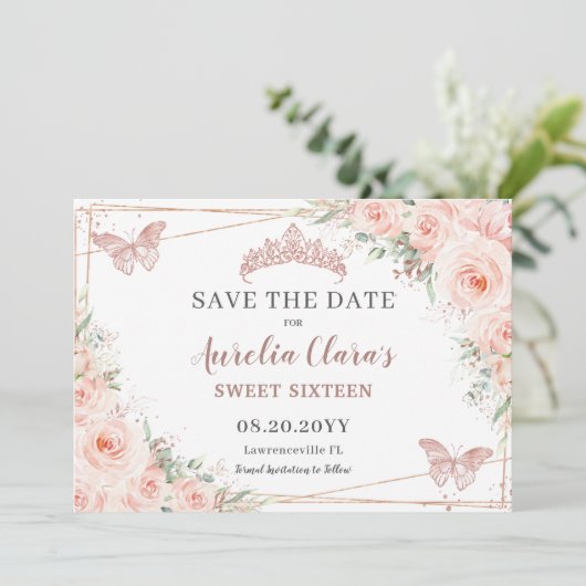 Blush Bloemen Roos Goudzoet 16 Quince Vlinders Save The Date (Staand voorkant)