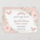 Blush Bloemen Roos Goudzoet 16 Quince Vlinders Save The Date (Voorkant / Achterkant)