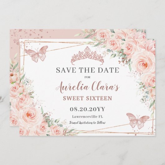 Blush Bloemen Roos Goudzoet 16 Quince Vlinders Save The Date (Voorkant / Achterkant)