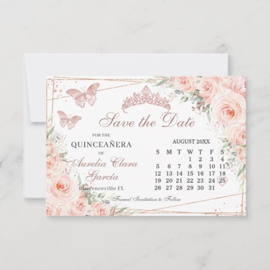Blush Bloemen Roos Quinceanera Sweet 16 Calendar Save The Date (Voorkant)