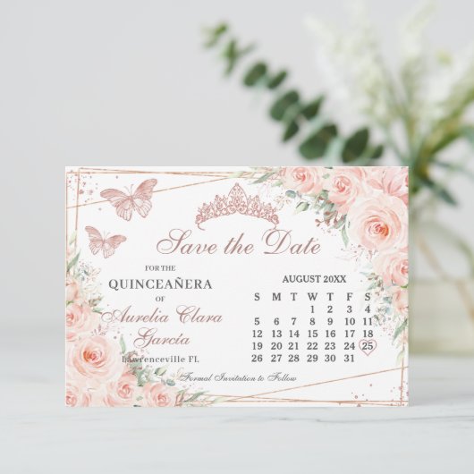 Blush Bloemen Roos Quinceanera Sweet 16 Calendar Save The Date (Staand voorkant)
