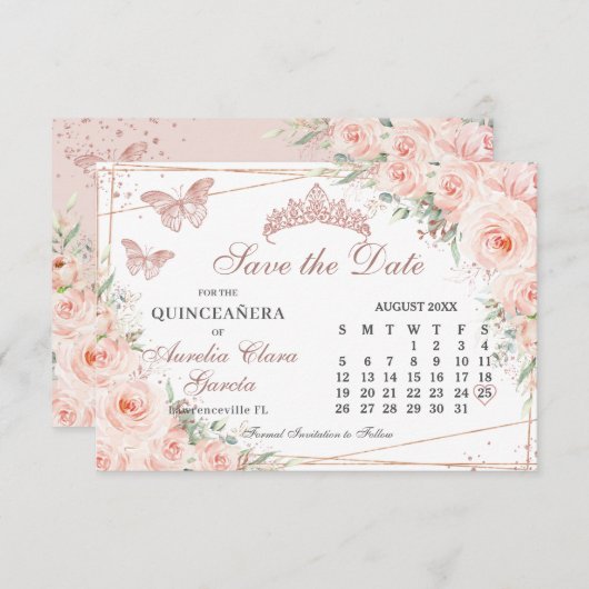 Blush Bloemen Roos Quinceanera Sweet 16 Calendar Save The Date (Voorkant / Achterkant)