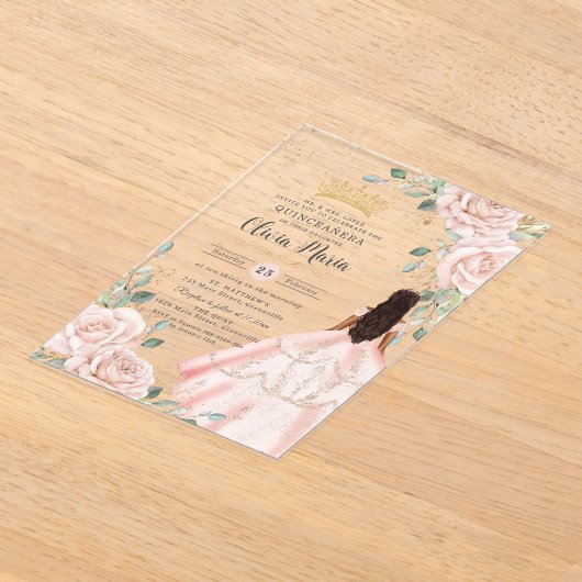 Blush Bloemen Roze Jurk Princess Gown Quinceanera Acryl Uitnodigingen (Laagn)