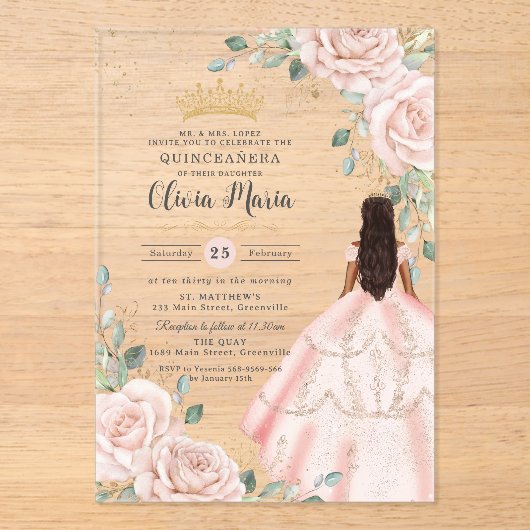 Blush Bloemen Roze Jurk Princess Gown Quinceanera Acryl Uitnodigingen (Voorkant)