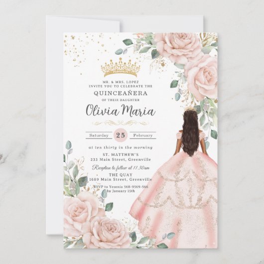Blush Bloemen Roze Jurk Princess Gown Quinceañera Kaart (Voorkant)