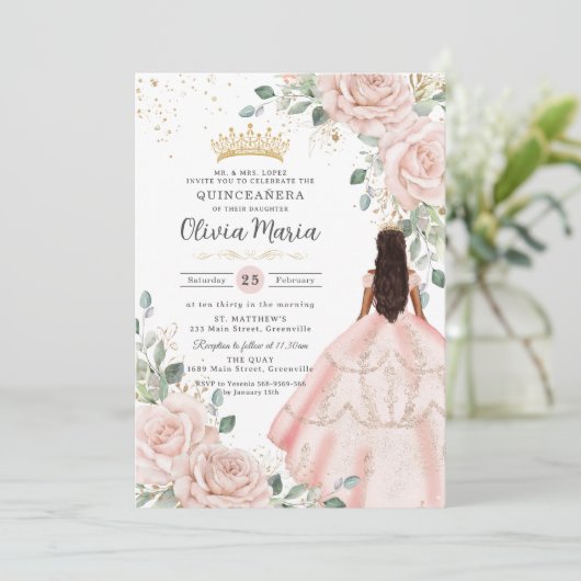 Blush Bloemen Roze Jurk Princess Gown Quinceañera Kaart (Staand voorkant)