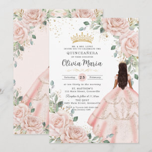 Blush Bloemen Roze Jurk Princess Gown Quinceañera Kaart