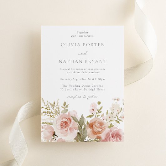 Blush Bloemen Rozen Elegante bruiloft Kaart