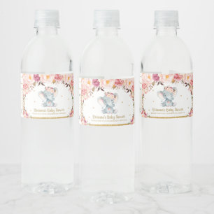 Blush Bloemen Rozen Schattige Olifant Baby shower Waterfles Etiket