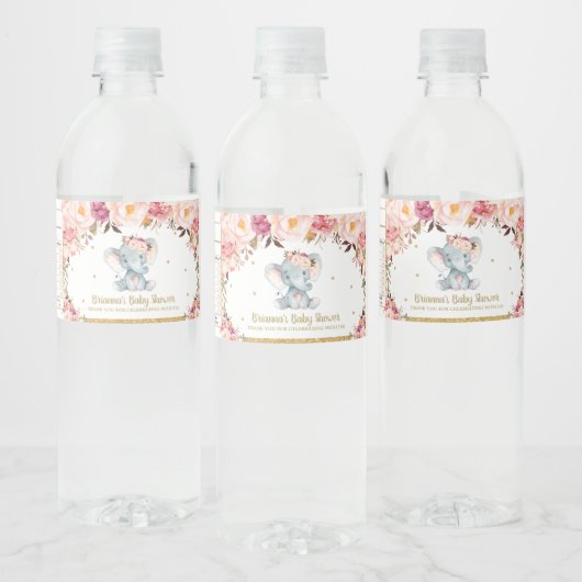 Blush Bloemen Rozen Schattige Olifant Baby shower Waterfles Etiket (Flessen)