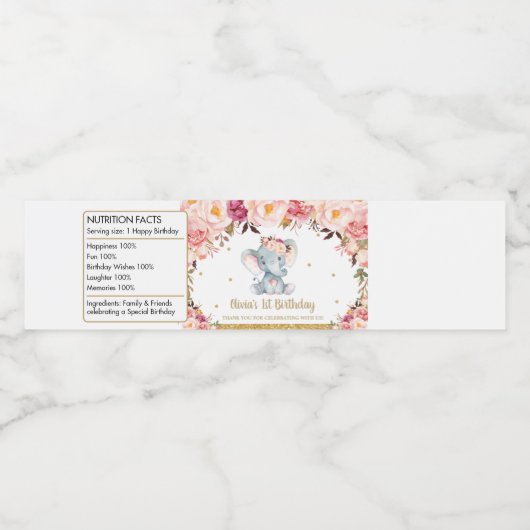 Blush Bloemen Rozen Schattigee Olifant 1e Verjaard Waterfles Etiket (Enkel label)