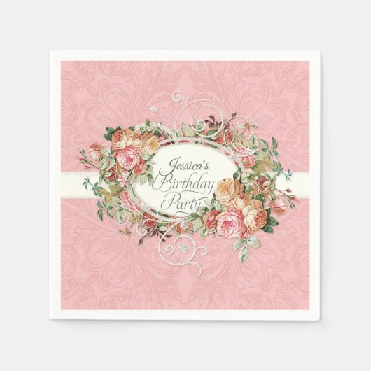 Blush Bloemen Rozen w Script Verjaardagsfeest Servet (Voorkant)